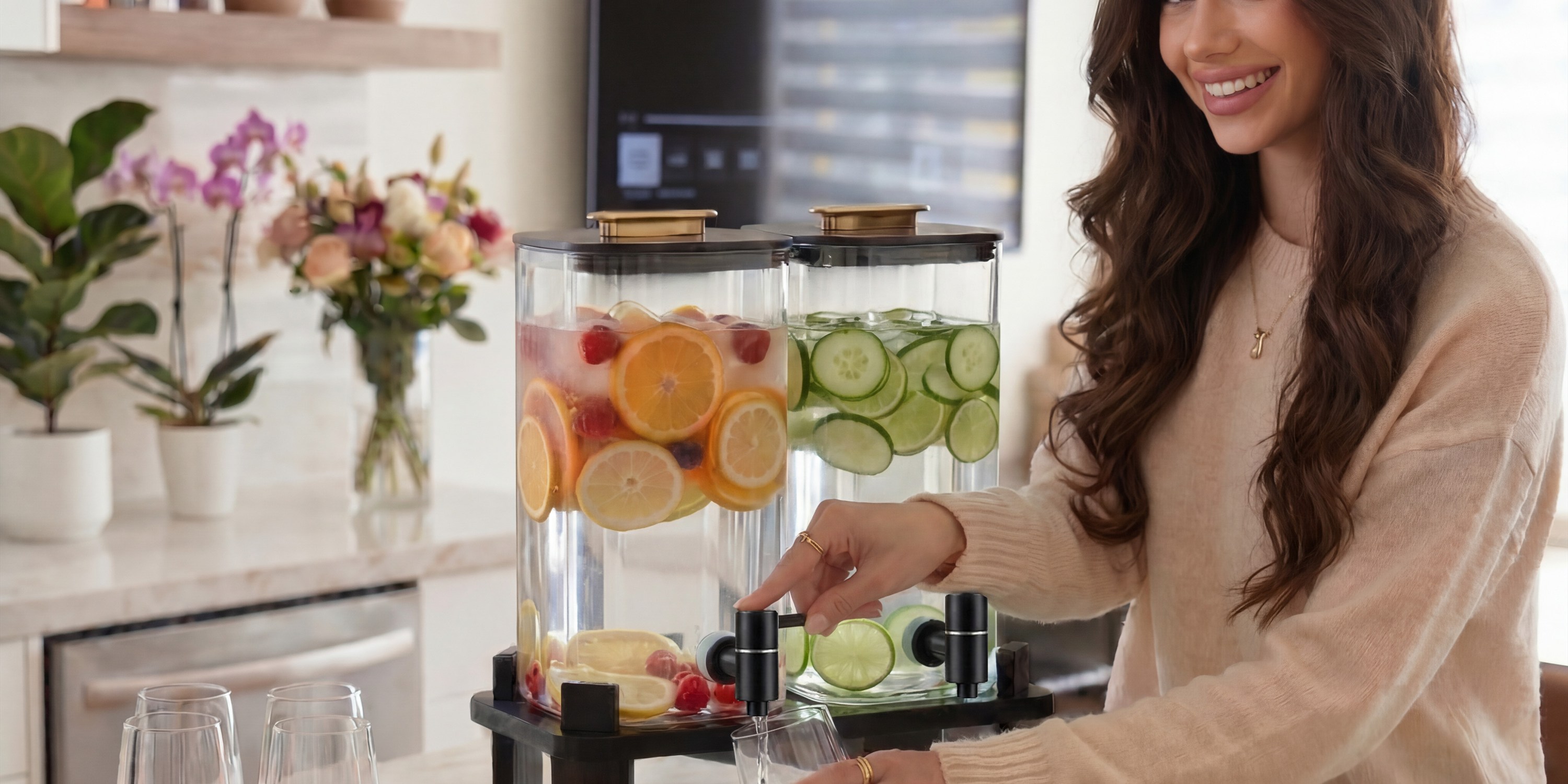 Woman using the spigot on the square Ovonza dual beverage dispenser