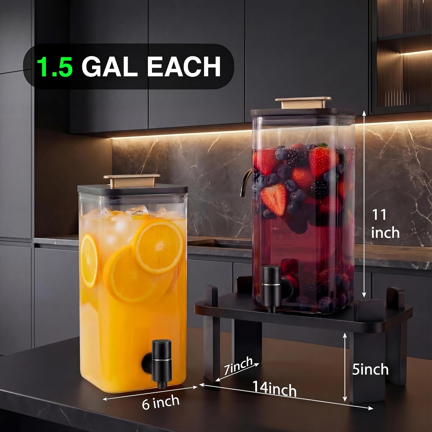 Dimensions and 1.5 gallon capacity of each Ovonza glass dispenser