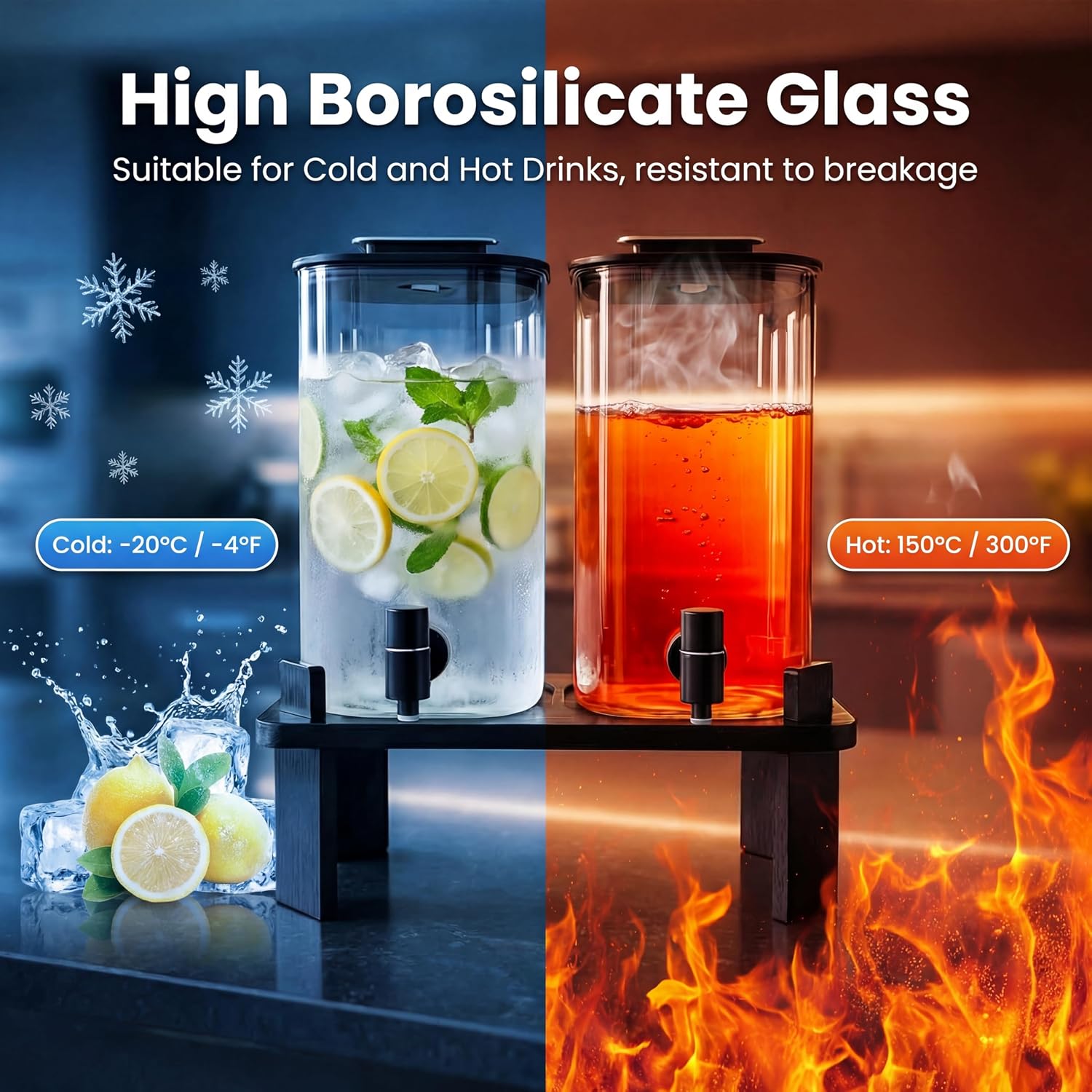 Ovonza borosilicate glass dispensers shown with hot and cold drinks
