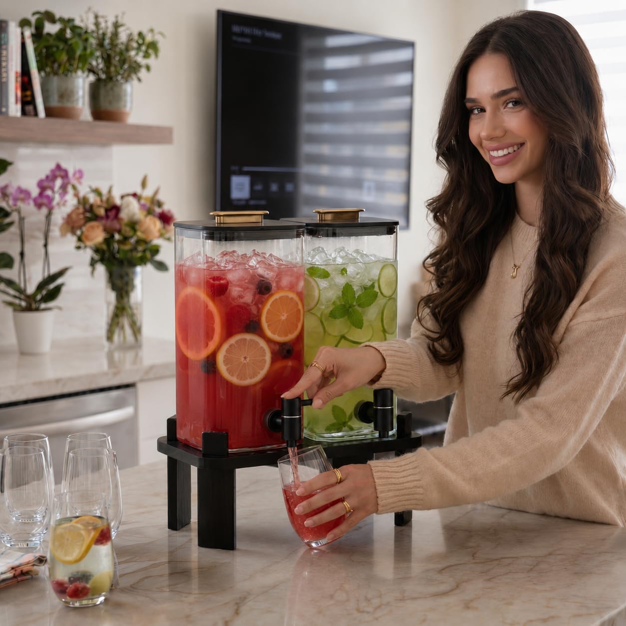 Ovonza beverage dispenser being used in a bright kitchen