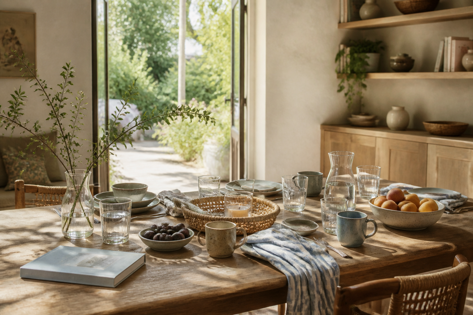 A warm modern dining room styled for gathering